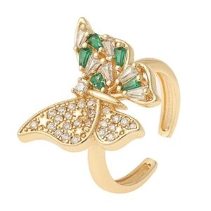 Butterfly Ring Green Zircon & Rhinestones Gold Tone Adjustable Band
